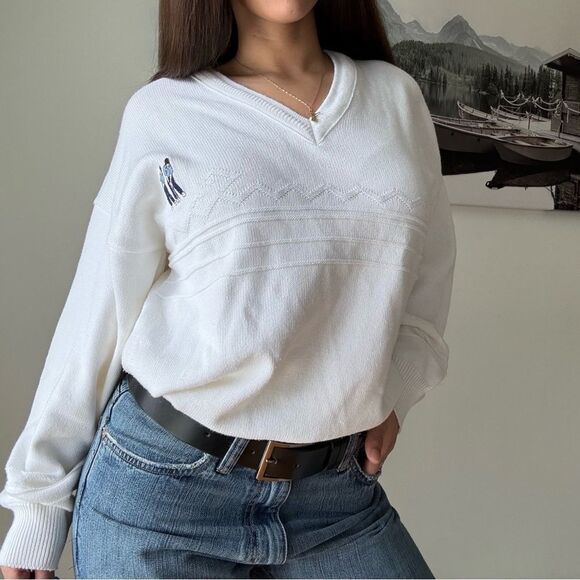 90s vintage white neck embroidered minimalist jumper - Picture 1 of 8